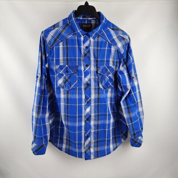 Helix Men Button Down L/S Athletic Fit Western Blue white Gray Shirt XL - Picture 1 of 6